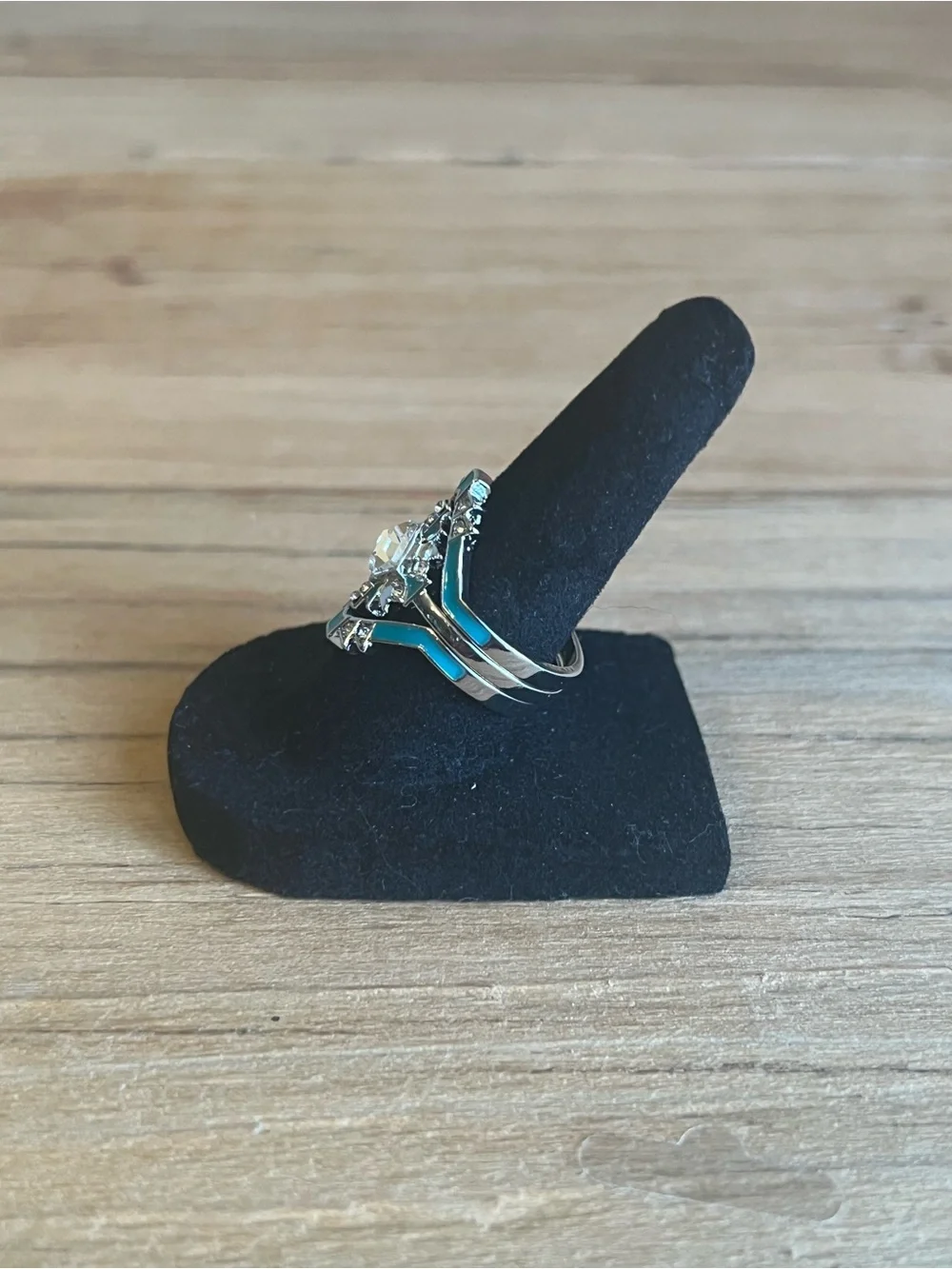 Turquoise Silver Tone Triple Band  Art Deco Fashion Ring-Size 6.5
